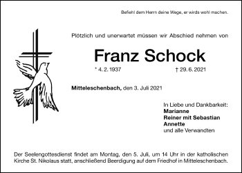 Traueranzeige von Franz Schock von Ansbach