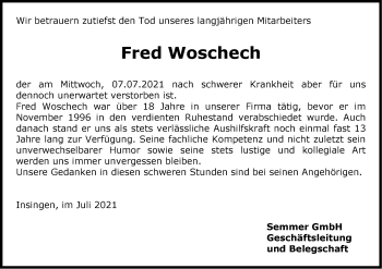 Traueranzeige von Fred Woschech von Ansbach