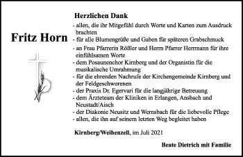 Traueranzeige von Fritz Horn von Rothenburg