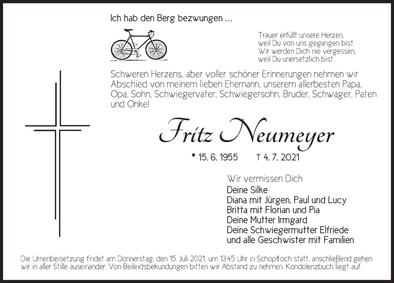  Traueranzeige für Fritz Neumeyer vom 14.07.2021 aus Dinkelsbühl/ Feuchtwangen