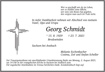 Traueranzeige von Georg Schmidt von Ansbach