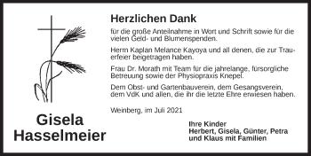 Traueranzeige von Gisela Hasselmeier von Dinkelsbühl/ Feuchtwangen