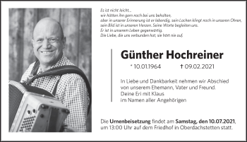 Traueranzeige von Günther Hochreiner von Neustadt/ Scheinfeld/ Uffenheim