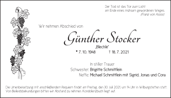 Traueranzeige von Günther Stocker von Dinkelsbühl/ Feuchtwangen