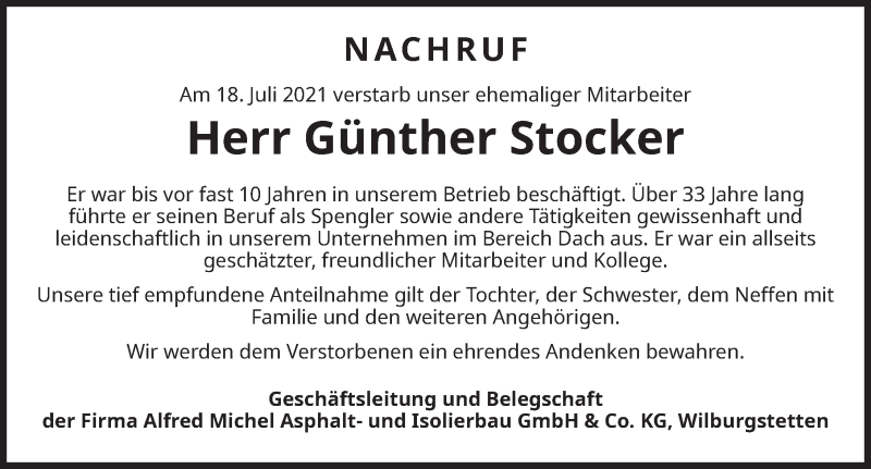  Traueranzeige für Günther Stocker vom 31.07.2021 aus Dinkelsbühl/ Feuchtwangen
