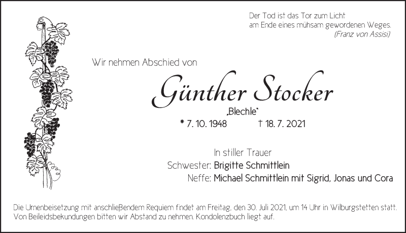  Traueranzeige für Günther Stocker vom 27.07.2021 aus Dinkelsbühl/ Feuchtwangen