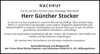 Traueranzeige von Günther Stocker von Dinkelsbühl/ Feuchtwangen