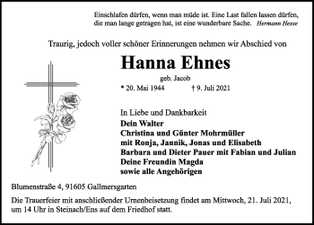 Traueranzeige von Hanna Ehnes von Rothenburg