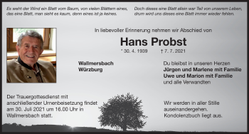 Traueranzeige von Hans Probst von Neustadt/ Scheinfeld/ Uffenheim