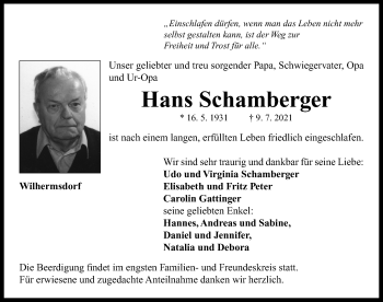 Traueranzeige von Hans Schamberger von Neustadt/ Scheinfeld/ Uffenheim