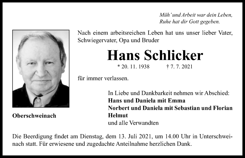  Traueranzeige für Hans Schlicker vom 10.07.2021 aus Neustadt/ Scheinfeld/ Uffenheim