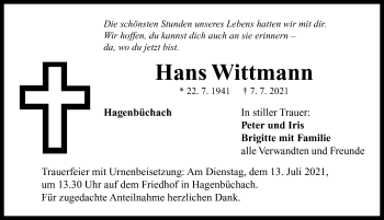 Traueranzeige von Hans Wittmann von Neustadt/ Scheinfeld/ Uffenheim