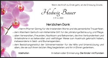 Traueranzeige von Hedwig Bauer von Neustadt/ Scheinfeld/ Uffenheim