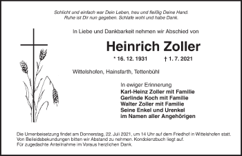 Traueranzeige von Heinrich Zoller von Dinkelsbühl/ Feuchtwangen