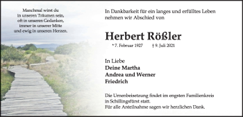 Traueranzeige von Herbert Rößler von Rothenburg