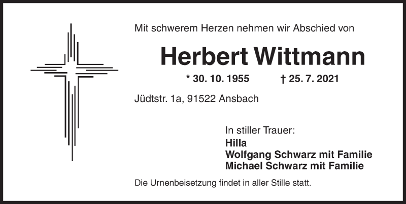  Traueranzeige für Herbert Wittmann vom 27.07.2021 aus Ansbach