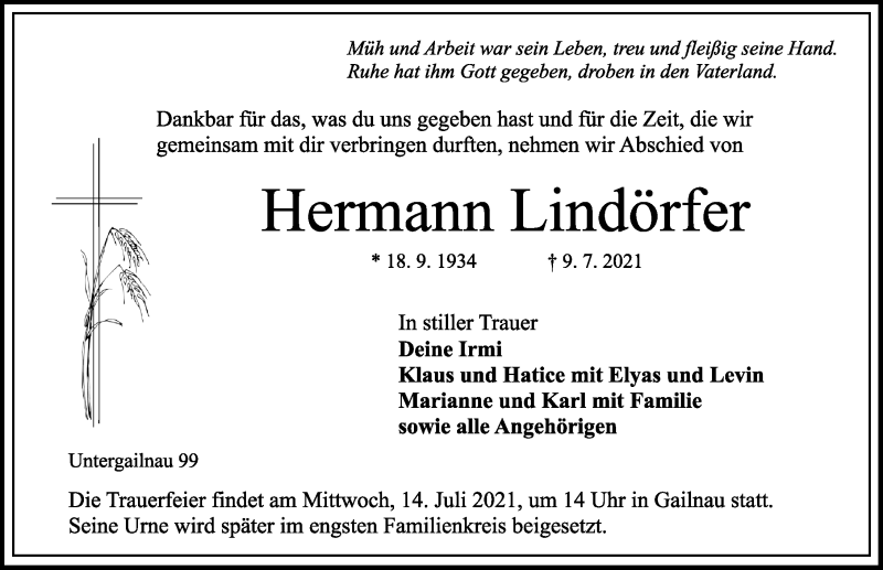  Traueranzeige für Hermann Eindörfer vom 14.07.2021 aus Rothenburg