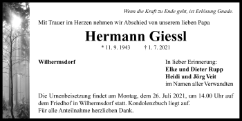 Traueranzeige von Hermann Giessl von Neustadt/ Scheinfeld/ Uffenheim