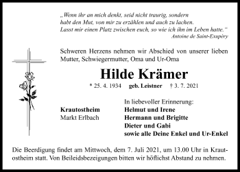 Traueranzeige von Hilde Krämer von Neustadt/ Scheinfeld/ Uffenheim