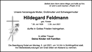 Traueranzeige von Hildegard Feldmann von Rothenburg