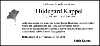 Traueranzeige von Hildegard Kappel von Rothenburg