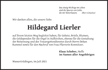 Traueranzeige von Hildegard Lierler von Dinkelsbühl/ Feuchtwangen