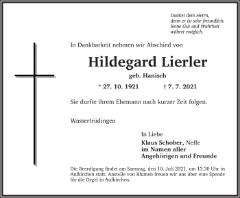 Traueranzeige von Hildegard Lierler von Dinkelsbühl/ Feuchtwangen