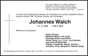 Traueranzeige von Johannes Walch von Ansbach