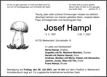 Traueranzeige von Josef Hampl von Ansbach