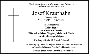 Traueranzeige von Josef Krauthahn von Rothenburg