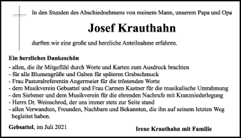Traueranzeige von Joseph Krauthahn von Rothenburg