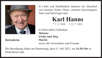 Traueranzeige von Karl Hanns von Neustadt/ Scheinfeld/ Uffenheim