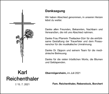 Traueranzeige von Karl Reichenthaler von Dinkelsbühl/ Feuchtwangen