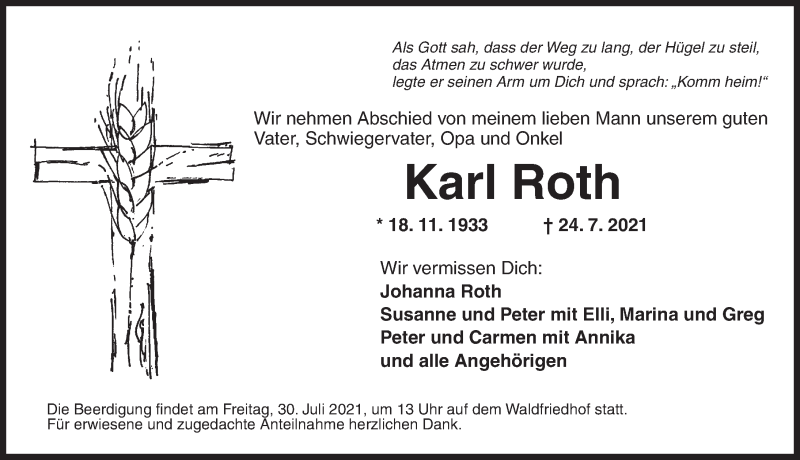  Traueranzeige für Karl Roth vom 27.07.2021 aus Ansbach