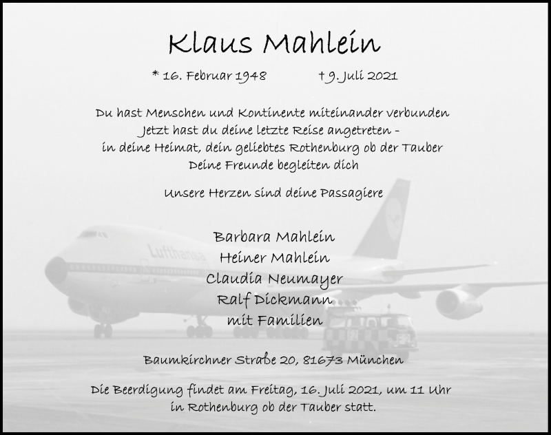  Traueranzeige für Klaus Mahlein vom 14.07.2021 aus Rothenburg