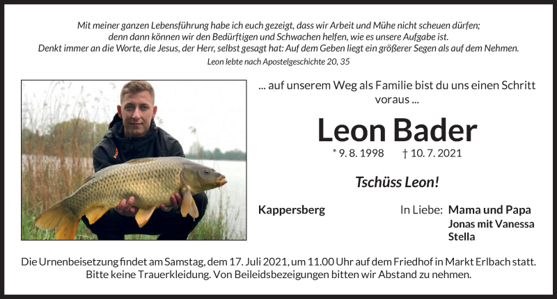  Traueranzeige für Leon Bader vom 15.07.2021 aus Neustadt/ Scheinfeld/ Uffenheim