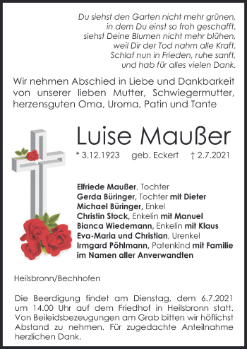 Traueranzeige von Luise Maußer von Ansbach