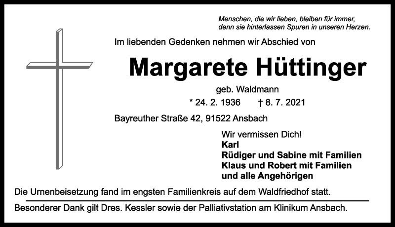  Traueranzeige für Margarete Hüttinger vom 31.07.2021 aus Ansbach