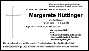 Traueranzeige von Margarete Hüttinger von Ansbach