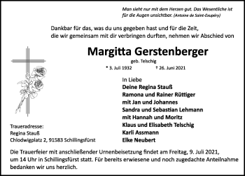 Traueranzeige von Margitta Gerstenberger von Rothenburg