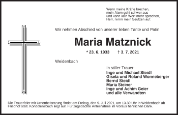 Traueranzeige von Maria Matznick von Ansbach