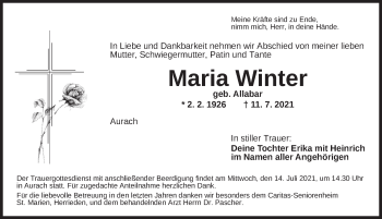 Traueranzeige von Maria Winter von Ansbach