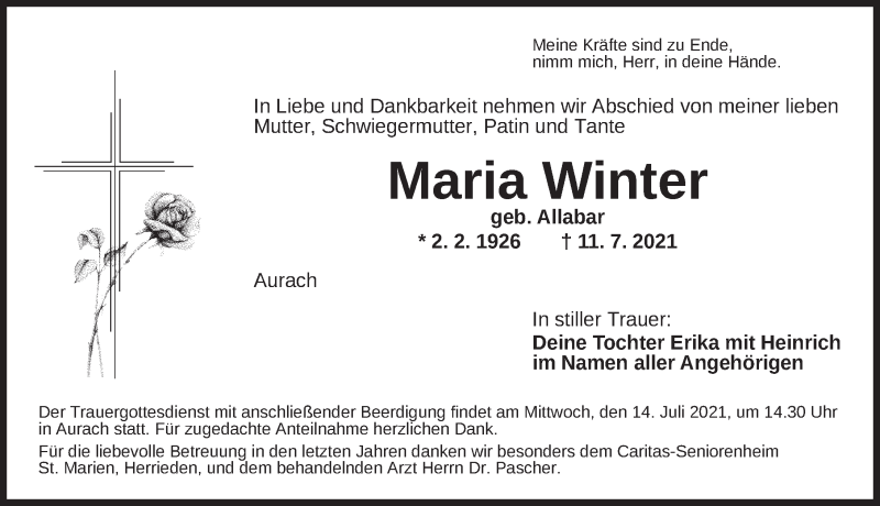 Traueranzeige für Maria Winter vom 13.07.2021 aus Ansbach
