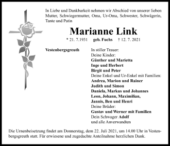 Traueranzeige von Marianne Link von Neustadt/ Scheinfeld/ Uffenheim