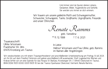 Traueranzeige von Renate Ramms von Dinkelsbühl/ Feuchtwangen