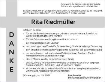 Traueranzeige von Rita Riedmüller von Dinkelsbühl/ Feuchtwangen