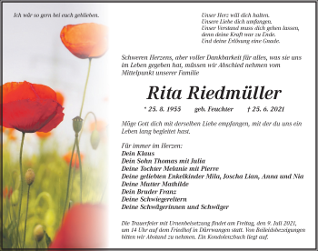 Traueranzeige von Rita Riedmüller von Dinkelsbühl/ Feuchtwangen