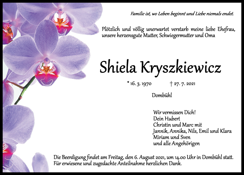  Traueranzeige für Shiela Kryszkiewicz vom 31.07.2021 aus Ansbach
