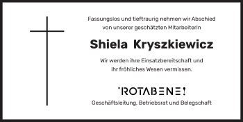 Traueranzeige von Shiela Kryszkiewicz von Rothenburg