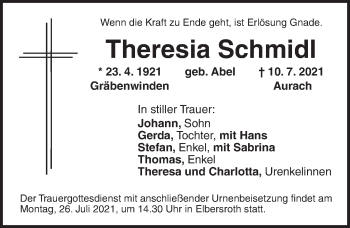 Traueranzeige von Theresia Schmidl von Ansbach